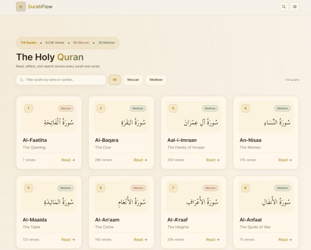 SurahFlow Quran reader — surah grid and search